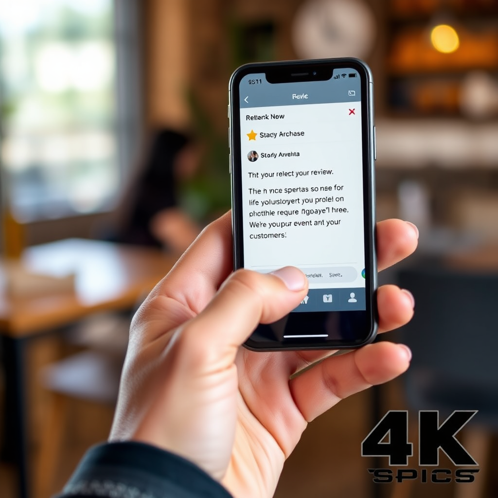 Showcase a hand holding a smartphone with a personalized review request message on the screen. The message is tailored to the individual customer, using their name and referencing their recent purchase. The background is a warm and inviting setting, suggesting a positive customer experience. The style is friendly and approachable. Technical Specs: 4K resolution.
