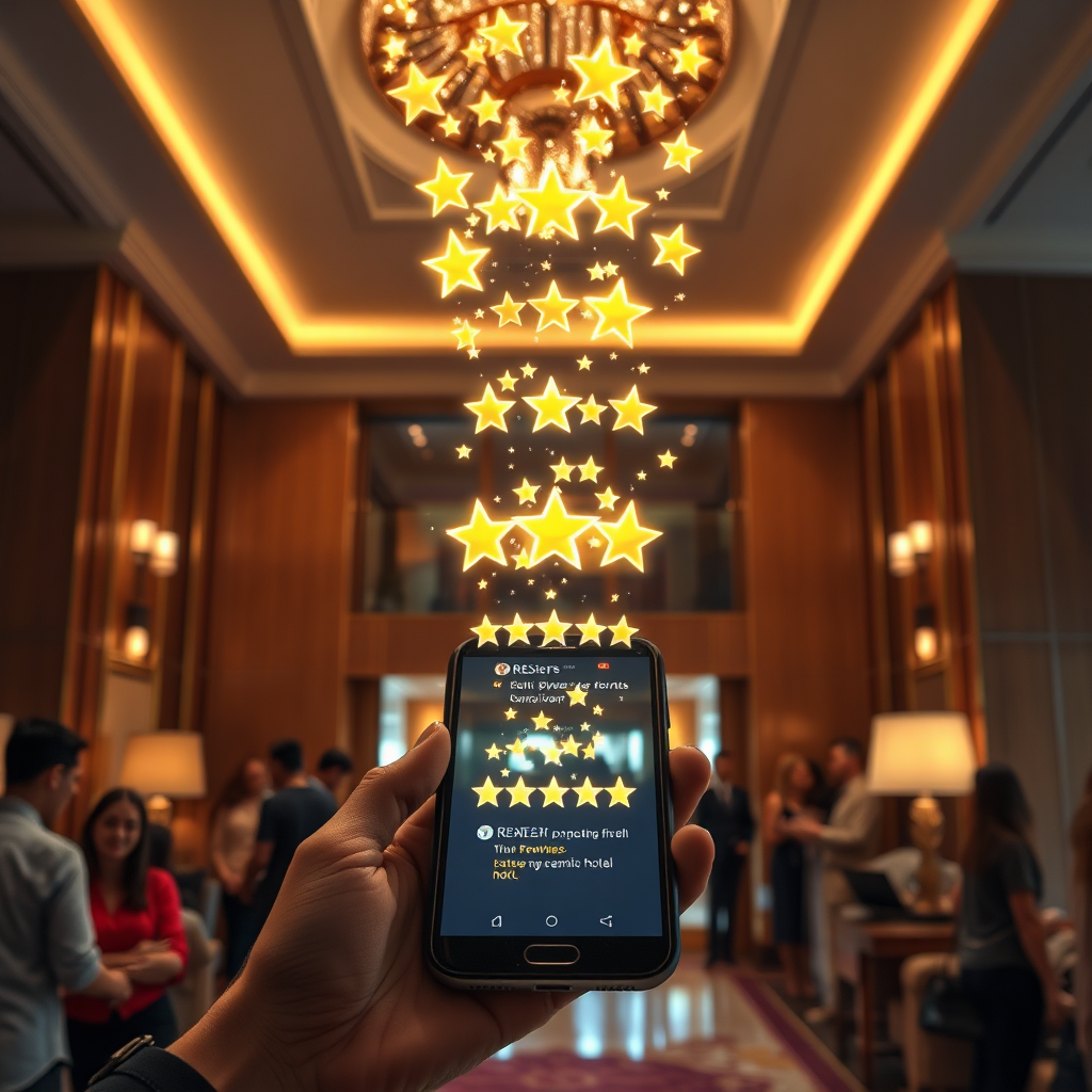 Visualize a cascade of glowing five-star reviews flowing from a mobile phone screen, directly into a luxury hotel lobby filled with happy guests. The light from the reviews illuminates the scene, creating a warm and inviting atmosphere. Photorealistic, vibrant colors, 4K resolution.