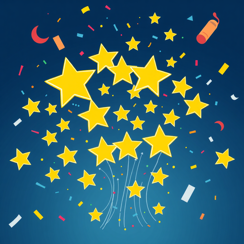 Visualize a cascade of positive reviews (5-star ratings) flowing into a professional's profile, enhancing their online presence. The scene should be vibrant with celebratory confetti and a sense of accomplishment. Style reference: Modern, clean graphic design. Technical specs: 4K resolution, high quality, vector illustration.