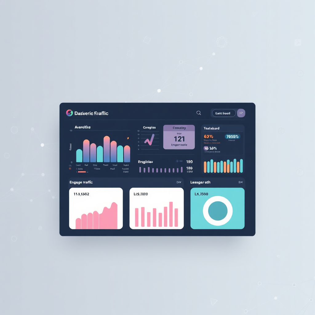Visualize a dashboard displaying key performance indicators (KPIs) such as website traffic, engagement rate, and lead generation. The dashboard should be clean, modern, and easy to understand. The background should be a subtle, tech-inspired pattern. Style reference: Data visualization. Technical specs: 4K resolution, high quality, vector illustration.