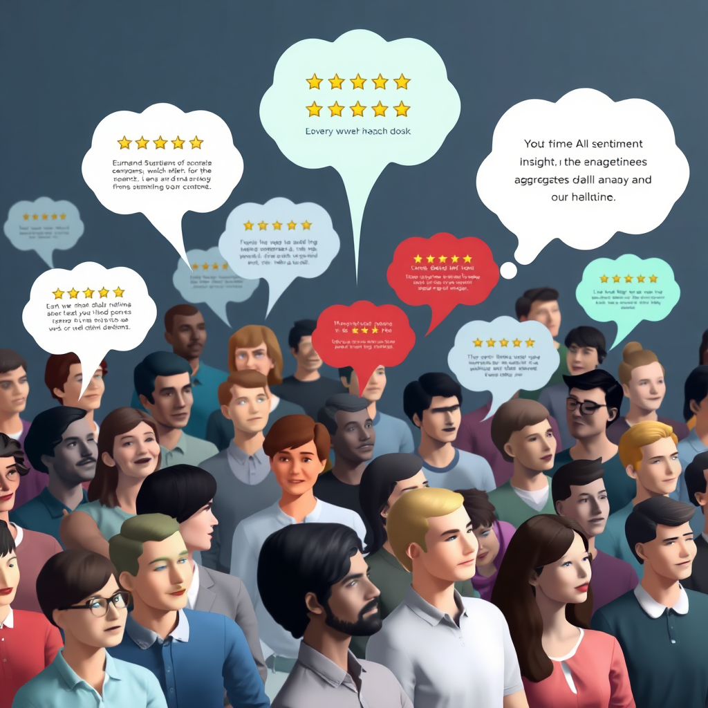 Visualize a diverse group of people, each with a thought bubble containing a star rating and brief text. The color of each bubble indicates sentiment (green for positive, red for negative, yellow for neutral). A central AI interface aggregates and analyzes the sentiments in real-time. The style should be clean and modern, representing data analysis and customer insights. Technical specs: 4K resolution, high quality rendering.