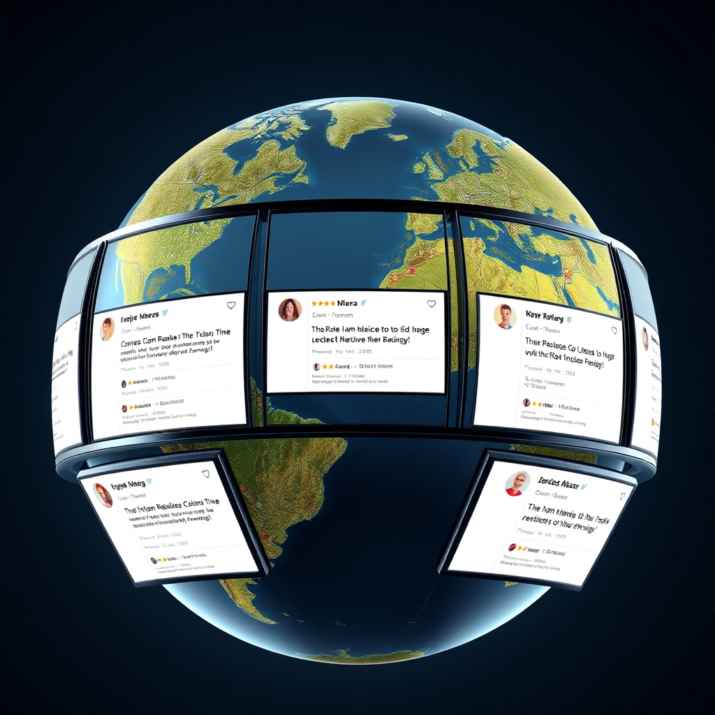 Visualize a globe with multiple screens displaying real-time reviews and mentions of a company. The screens are interconnected, representing comprehensive monitoring. The globe is rotating, symbolizing global reach. The style is modern and tech-focused. Technical specs: 4K resolution, high quality rendering.