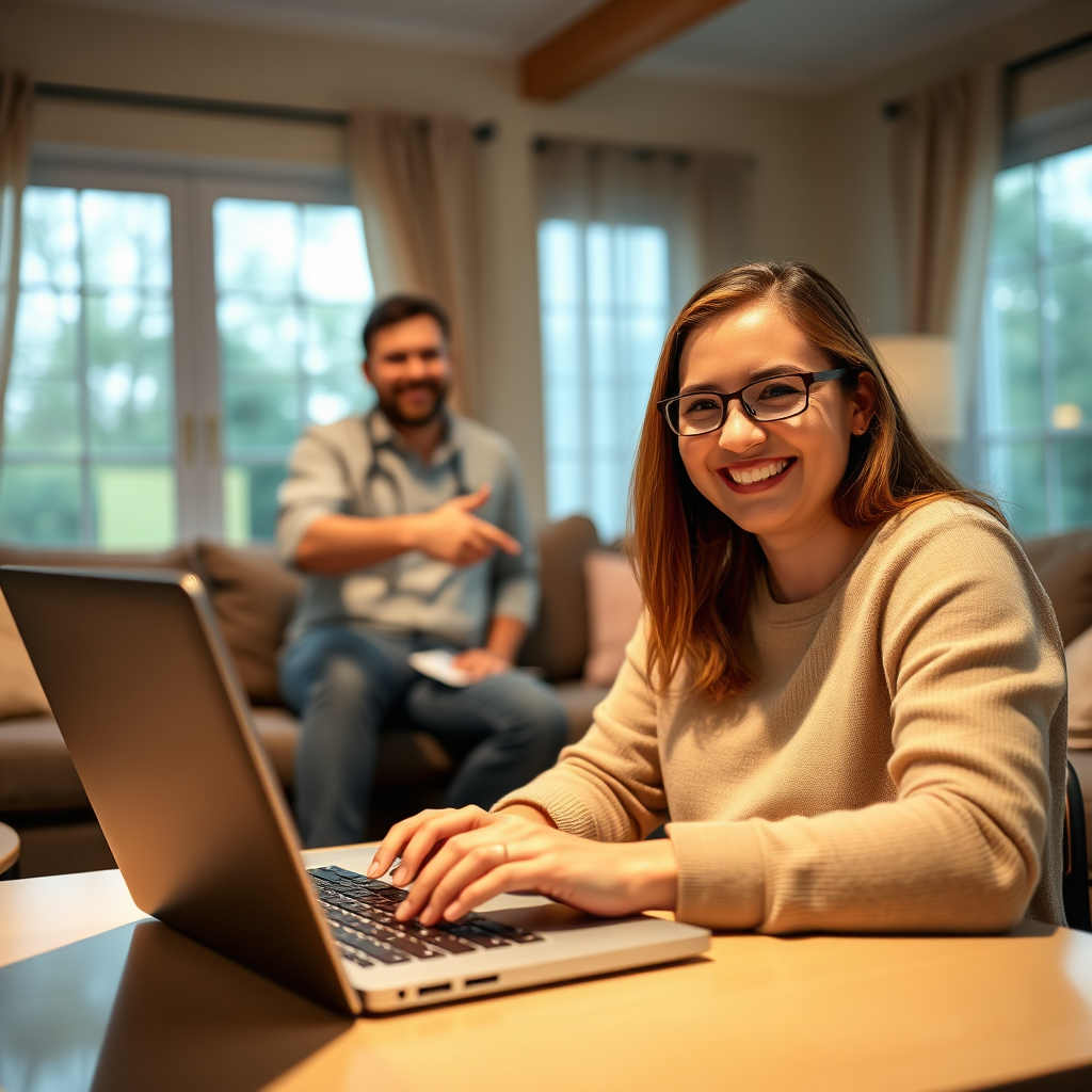 Visualize a homeowner enthusiastically typing a positive review on their laptop. The scene is set in a cozy living room, with warm lighting and comfortable furniture. In the background, a happy home service professional is shaking hands with the homeowner. The image focuses on the homeowner's smiling face and the positive message displayed on the laptop screen. Use soft, inviting colors and a slightly angled, close-up camera shot.