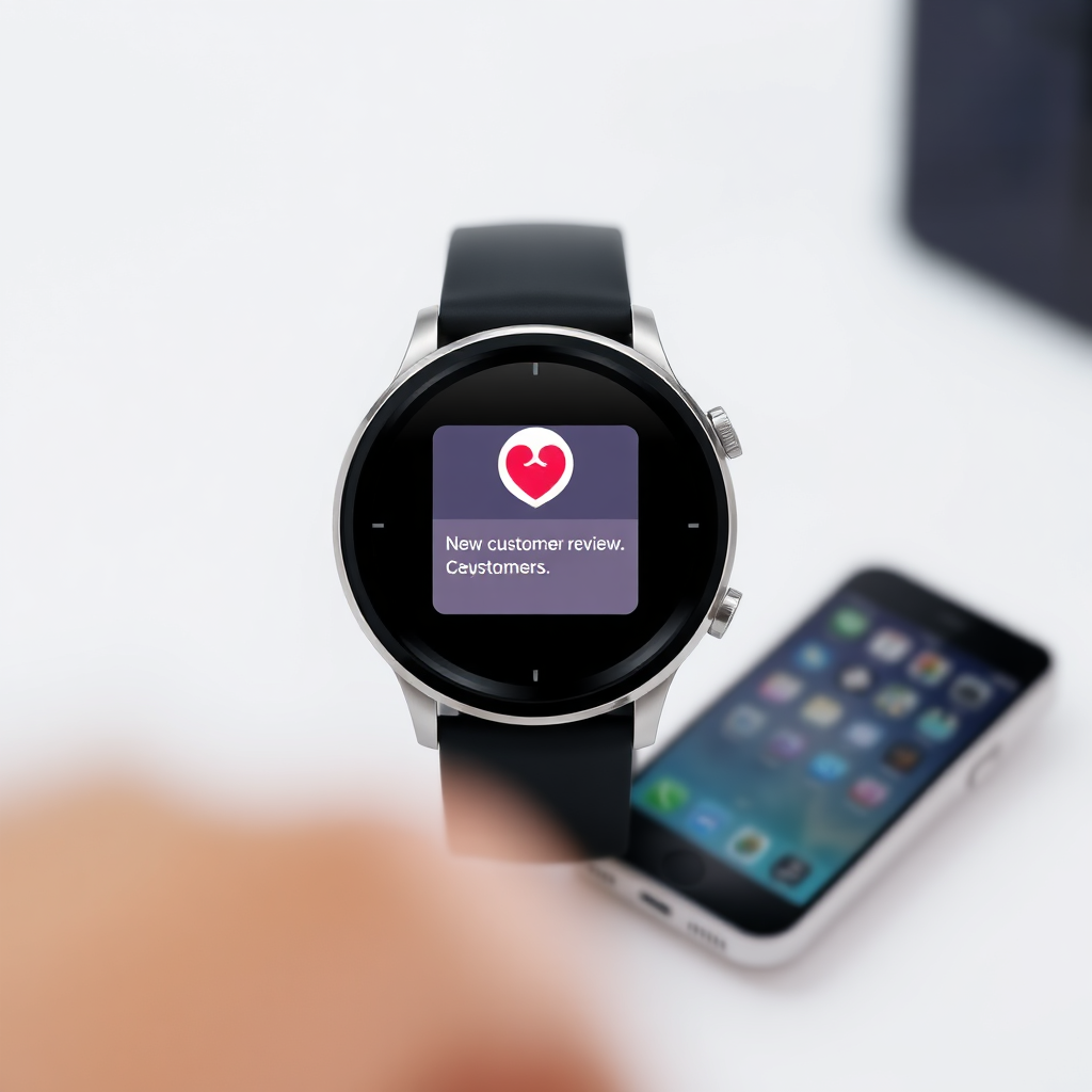 Visualize a modern smartwatch displaying a notification icon for a new customer review. The background should be clean and minimalist. Focus on the watch face and the clarity of the alert. Use a shallow depth of field to emphasize the immediacy of the notification.