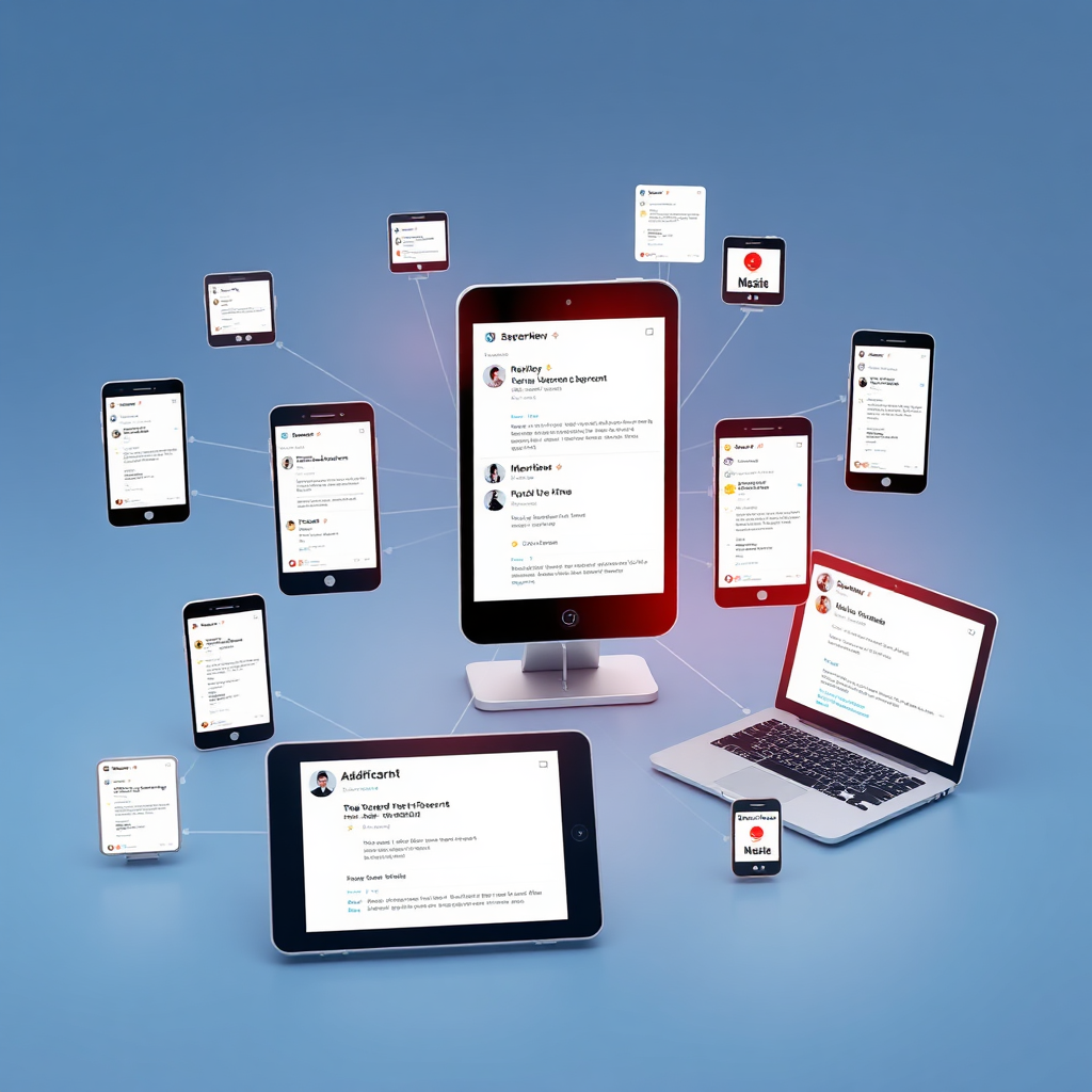Visualize a network of interconnected devices (phones, tablets, laptops) displaying reviews and mentions of a brand in real-time. The devices are connected to a central dashboard, representing comprehensive monitoring. The style should be modern and tech-focused. Technical specs: 4K resolution, high quality rendering.