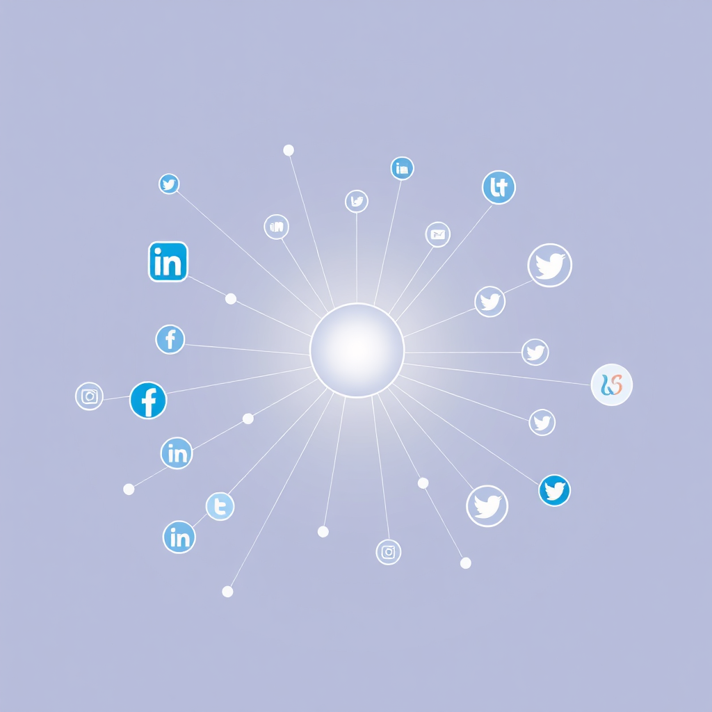 Visualize a network of interconnected social media icons (LinkedIn, Facebook, Twitter) converging into a single point representing a professional service firm. The convergence point should emit a bright, welcoming light. The background should be a clean, modern gradient. Style reference: Tech-inspired, minimalist design. Technical specs: 4K resolution, high quality, vector illustration.