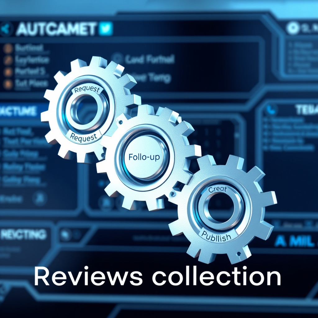 Visualize a series of gears turning smoothly, representing the automation process. Each gear is labeled with a step in the review collection process (e.g., 'Request,' 'Follow-up,' 'Publish'). The background is a clean, futuristic interface. The color palette is predominantly blue and silver, conveying efficiency and reliability. Style: Modern, technologically advanced, and seamless. Technical specs: 4K resolution.