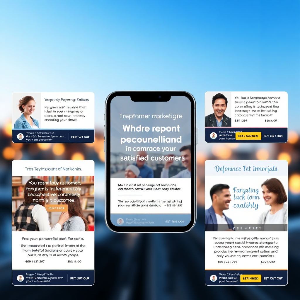 Visualize a series of personalized marketing ads featuring glowing testimonials from satisfied customers. The ads are visually appealing and tailored to different platforms. Use a vibrant color scheme and engaging imagery to capture attention. The camera angle is a collage style, showcasing different ads simultaneously.