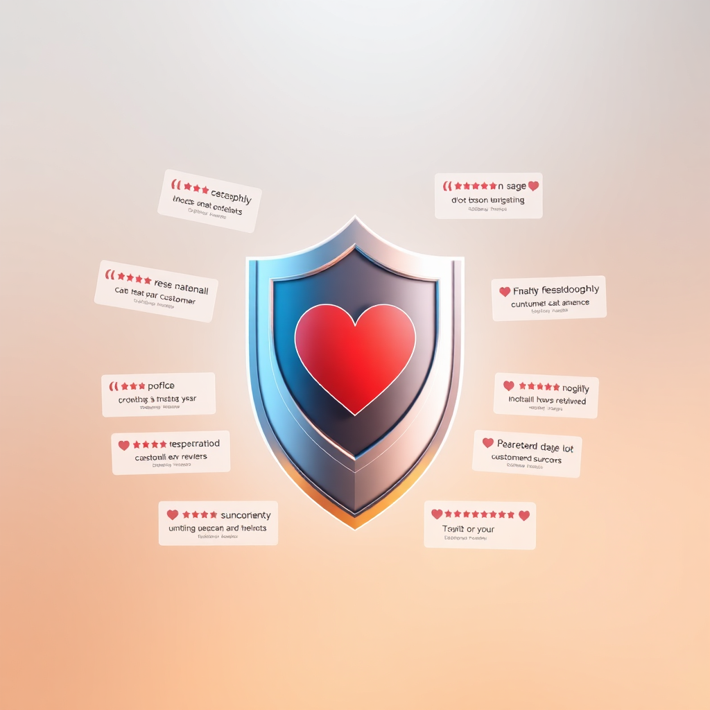 Visualize a shield with a heart emblem in the center, surrounded by positive customer reviews. The shield represents protection and trust, while the heart symbolizes care and customer focus. The background should be a soft, warm color gradient. The overall feel should be trustworthy and reliable. Technical specs: 4K resolution, high quality rendering.