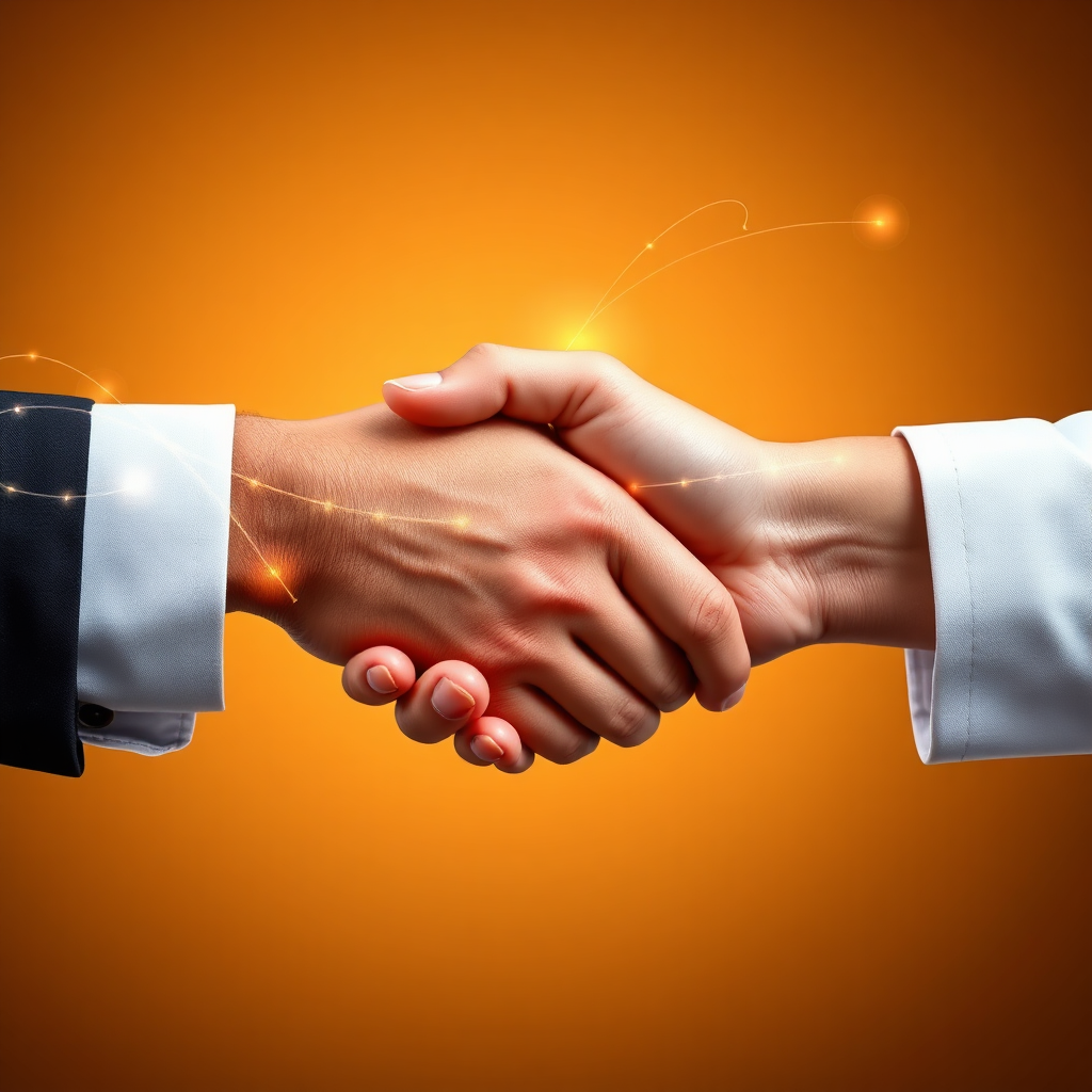 Visualize two hands shaking, symbolizing a strong partnership. The hands are surrounded by glowing lines representing the flow of communication and collaboration. The background is a warm, inviting gradient. Style reference: Modern corporate photography. Technical specs: 4K resolution, high quality, photo-realistic.