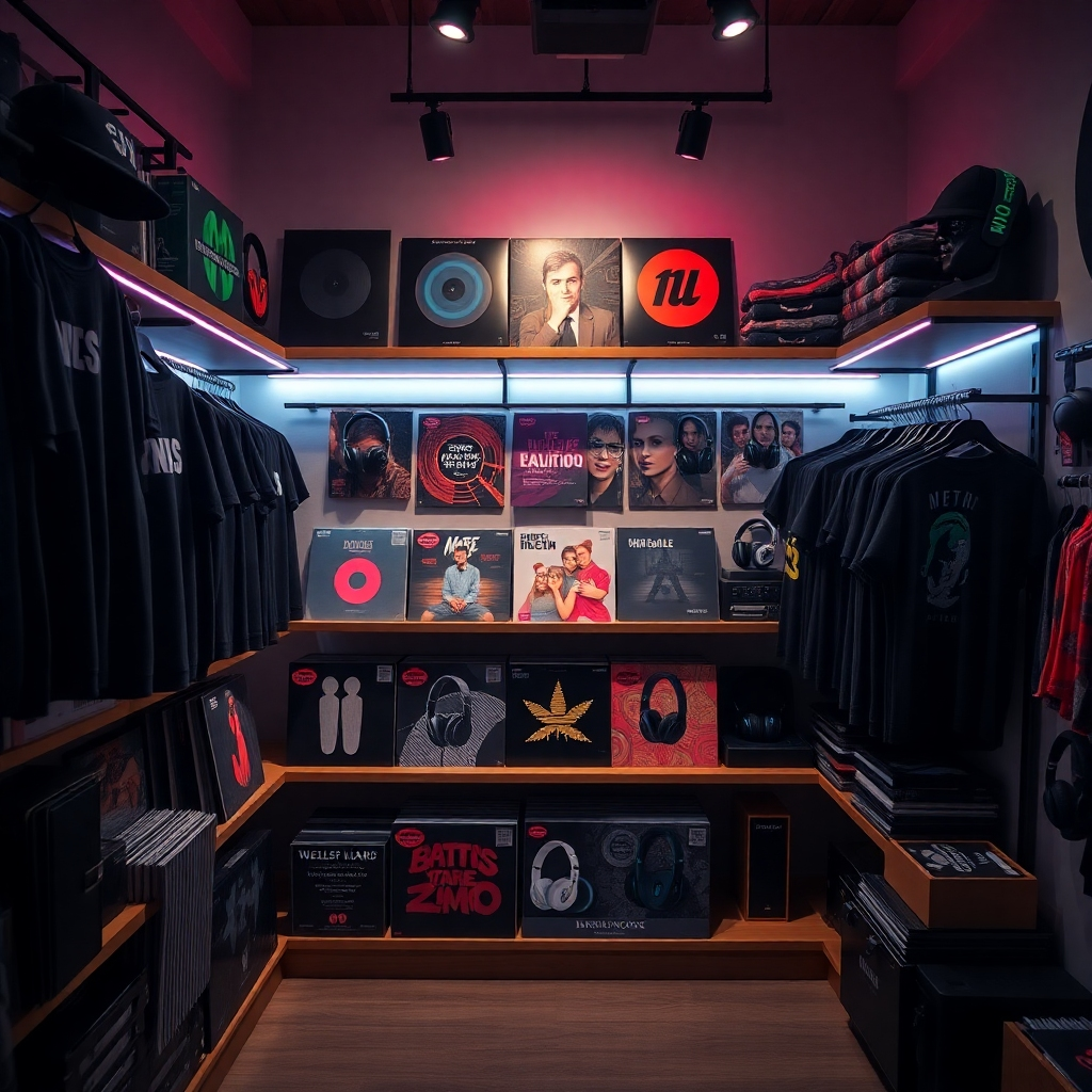 A beautifully lit and styled shot of a curated collection of underground music-related merchandise – clothing, vinyl records, headphones, and accessories – arranged on shelves in a modern, minimalist setting. Focus on texture and detail, highlighting the quality of the products. Color palette is dark and moody with pops of neon. The camera angle is a medium shot, showcasing the variety of items available.