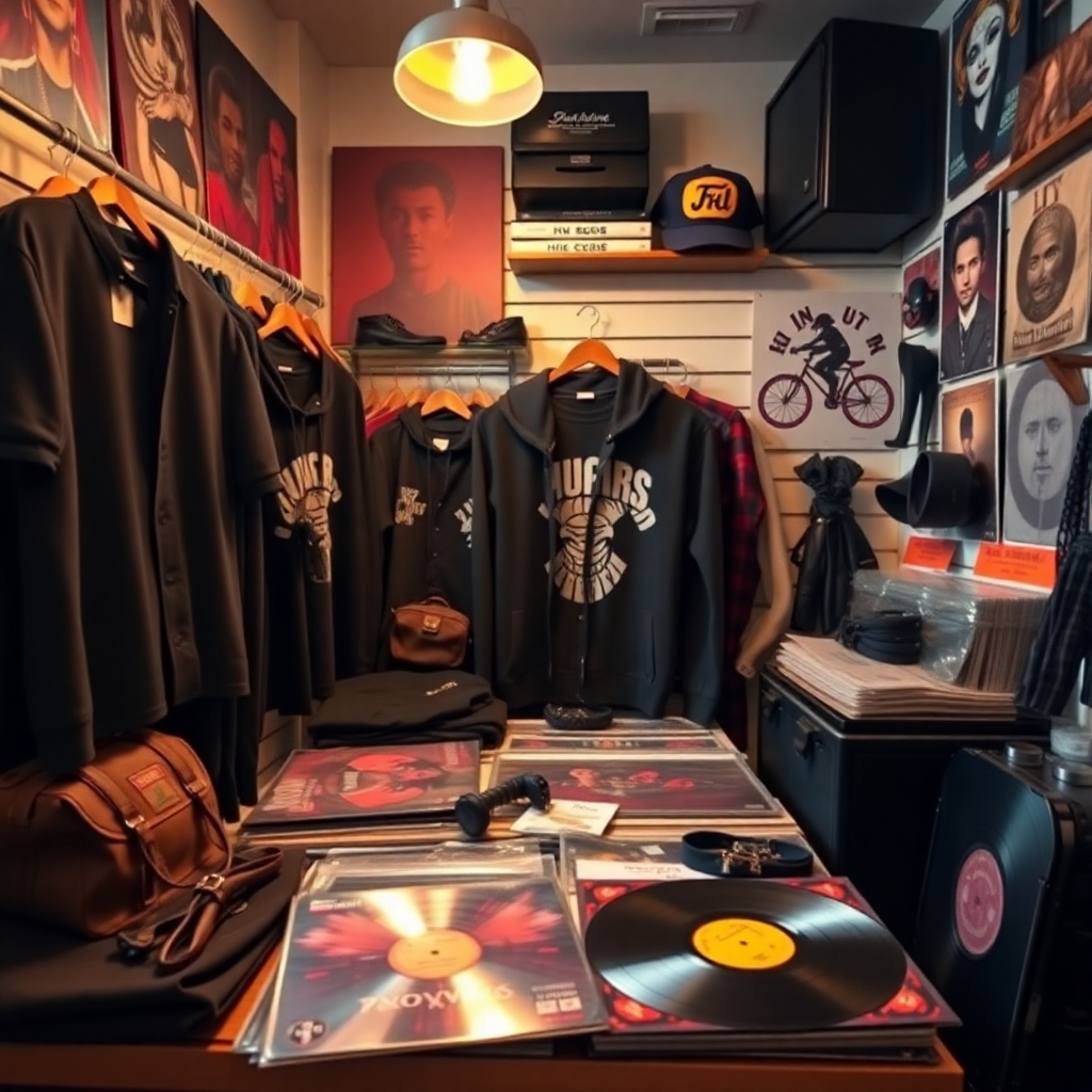 A beautifully styled image of a curated collection of clothing, accessories, and vinyl records, all reflecting the underground music scene. The lighting should be warm and inviting, highlighting the quality of the products. The camera angle is a medium shot, showcasing the variety of items. The overall feel is one of exclusivity and sophistication, appealing to discerning music lovers.