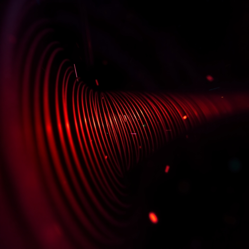 A close-up, abstract image of sound waves vibrating in response to a deep bassline. The color palette should be dark and intense, with flashes of light. The camera angle is tight, focusing on the energy of the sound. The overall feel is one of raw power and excitement, conveying the feeling of being immersed in the music.