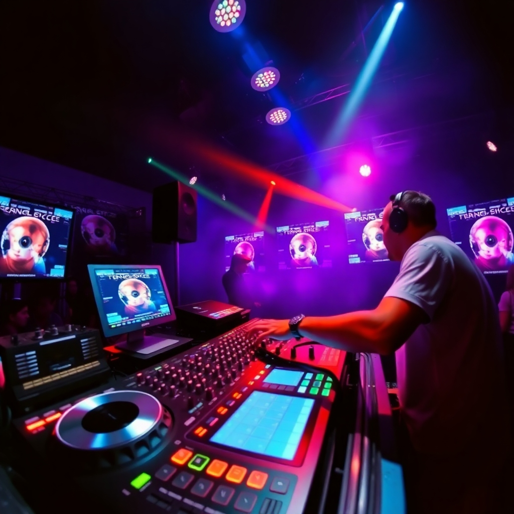 A dynamic image of a DJ mixing tracks on a modern sound system, with album art displayed on screens. The lighting is energetic and vibrant. The camera angle is wide, capturing the energy of the scene. The overall feel is one of excitement and discovery.