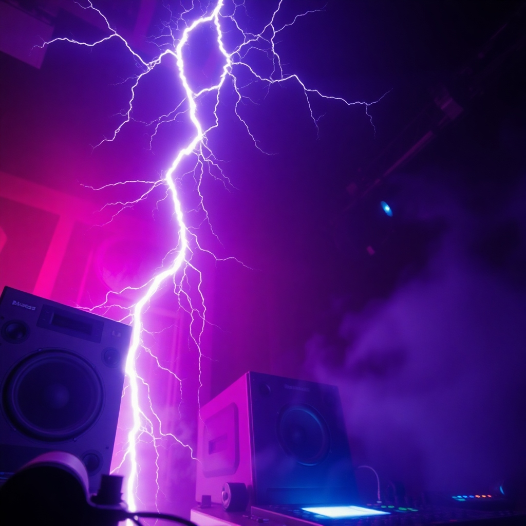 A dynamic image of lightning striking a sound system, creating a burst of energy and light. The color palette should be electric and vibrant. The camera angle is dramatic, emphasizing the power of the lightning. The overall feel is one of intensity and excitement, capturing the energy of electronic music.