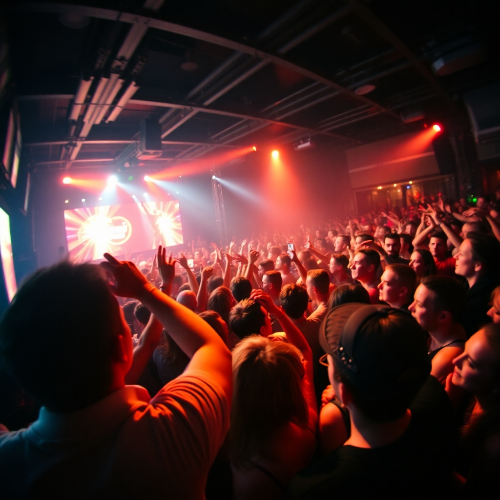 A dynamic shot of a live underground music event. Focus on the energy of the crowd, the lighting effects, and the performance on stage. Capture the raw emotion and excitement of the event. The camera angle is a wide shot, capturing the scale of the event and the energy of the crowd. Use a shallow depth of field to blur the background and focus on the performers and the energy.
