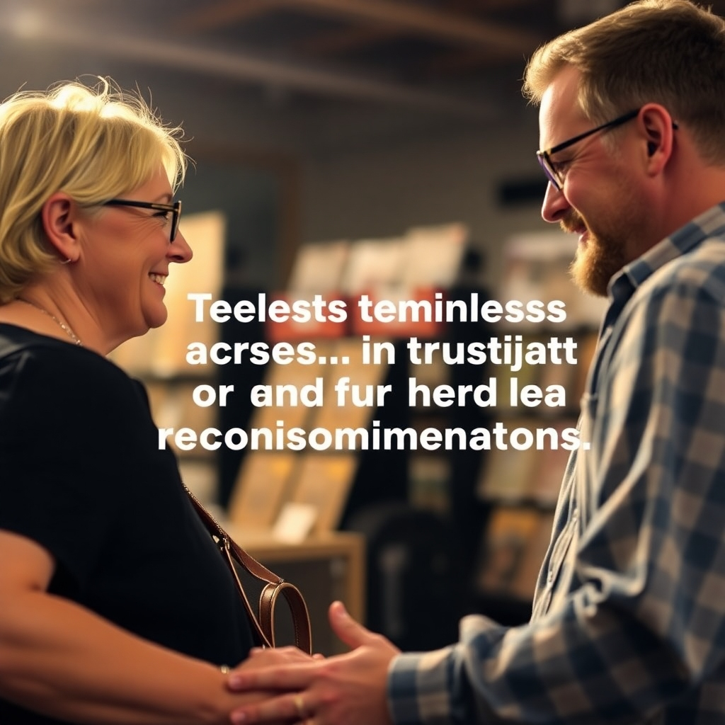 A friendly image of a BASS Music representative interacting with a customer, providing personalized recommendations. The lighting should be warm and inviting. The camera angle is a close-up, focusing on the connection between the two individuals. The overall feel is one of trust and reliability, emphasizing the personalized service offered by BASS Music.