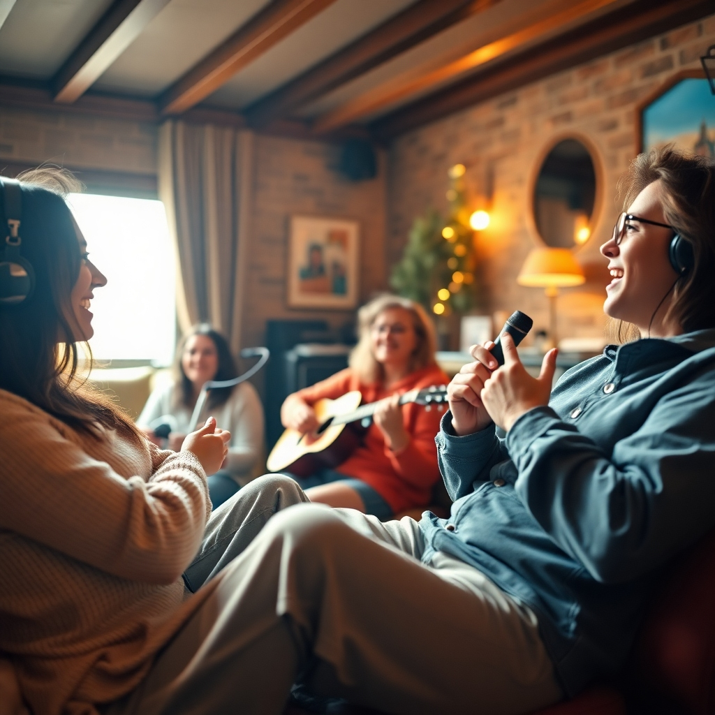 A lifestyle image of people relaxing and enjoying music while wearing comfortable and stylish clothing. The lighting is warm and inviting. The camera angle is a wide shot, capturing the relaxed atmosphere. The overall feel is one of comfort and enjoyment, highlighting the versatility of the clothing.