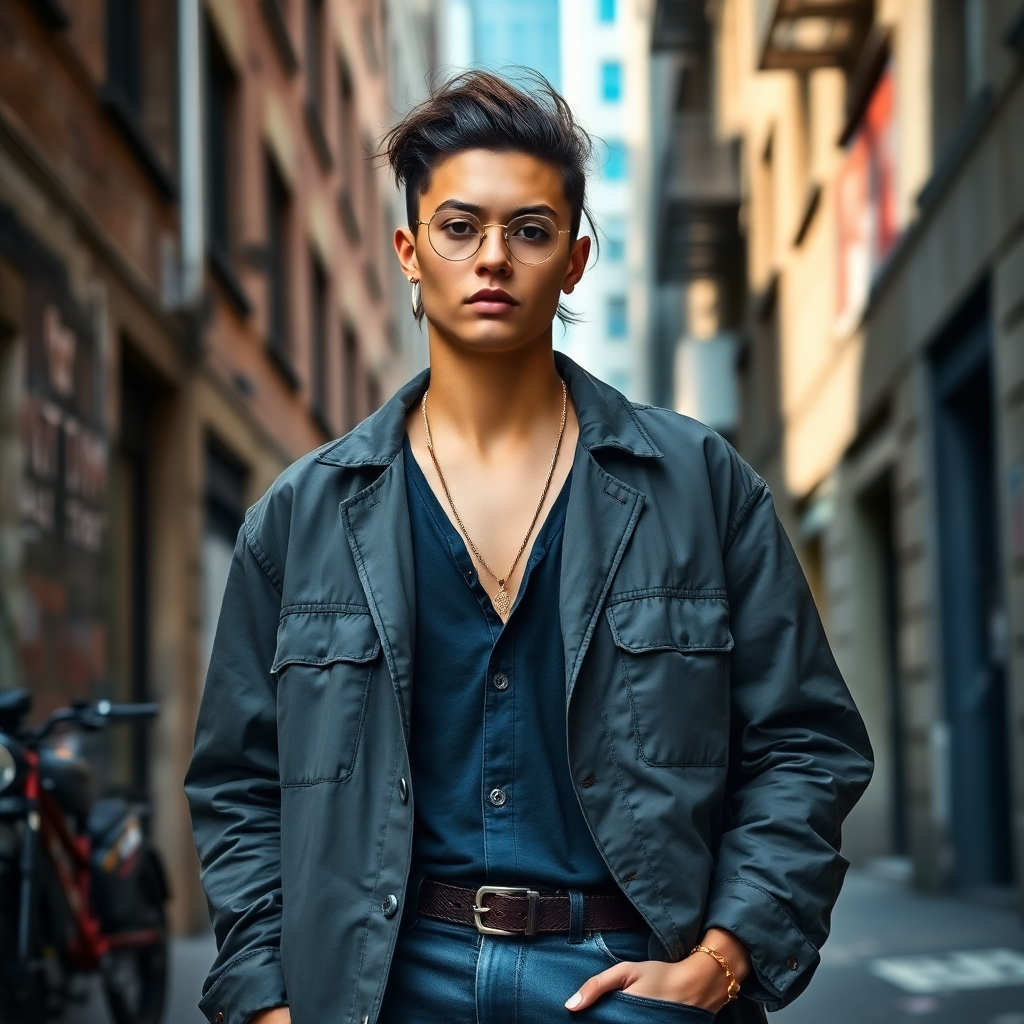 A photorealistic image of a model wearing stylish urban clothing in a gritty city setting. The lighting is natural and flattering, highlighting the details of the clothing. The camera angle is a medium shot, focusing on the model and their outfit. The overall feel is one of cool and effortless style.