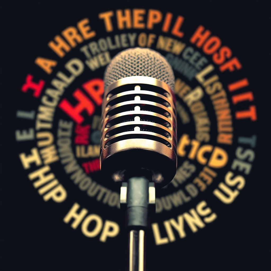 A stylized image of a microphone surrounded by swirling words, representing the power of hip-hop lyrics. The color palette should be bold and impactful. The camera angle is close-up, focusing on the microphone as the source of the words. The overall feel is one of intelligence and artistry, highlighting the creativity of hip-hop.
