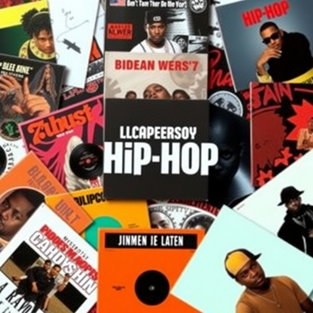 A stylized image of classic hip-hop album covers arranged in a collage. The color palette is bold and iconic. The camera angle is a top-down view, showcasing the variety of albums. The overall feel is one of respect and appreciation for the history of hip-hop.