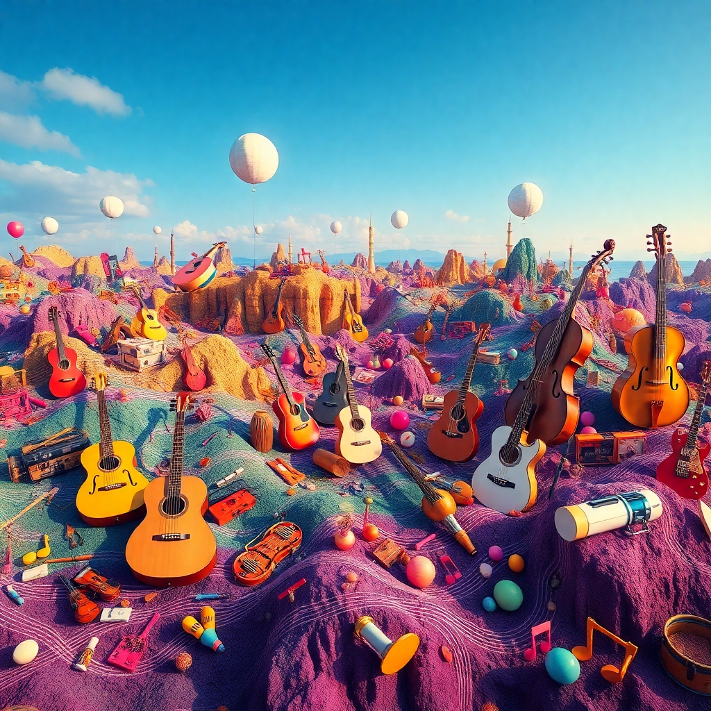 A surreal image depicting a landscape made entirely of musical instruments and sound waves. Different instruments represent different genres, blending together in a harmonious composition. The color palette should be vibrant and diverse. The camera angle is a wide shot, capturing the vastness of the musical landscape. The overall feel is one of exploration and discovery, inviting viewers to expand their musical horizons.