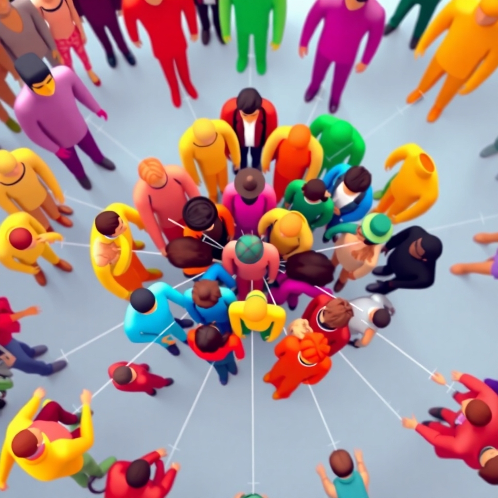 A vibrant image of a diverse group of people connected by sound waves, forming a global network. The color palette should be bright and optimistic. The camera angle is a top-down view, emphasizing the interconnectedness of the community. The overall feel is one of unity and belonging, highlighting the power of music to bring people together.
