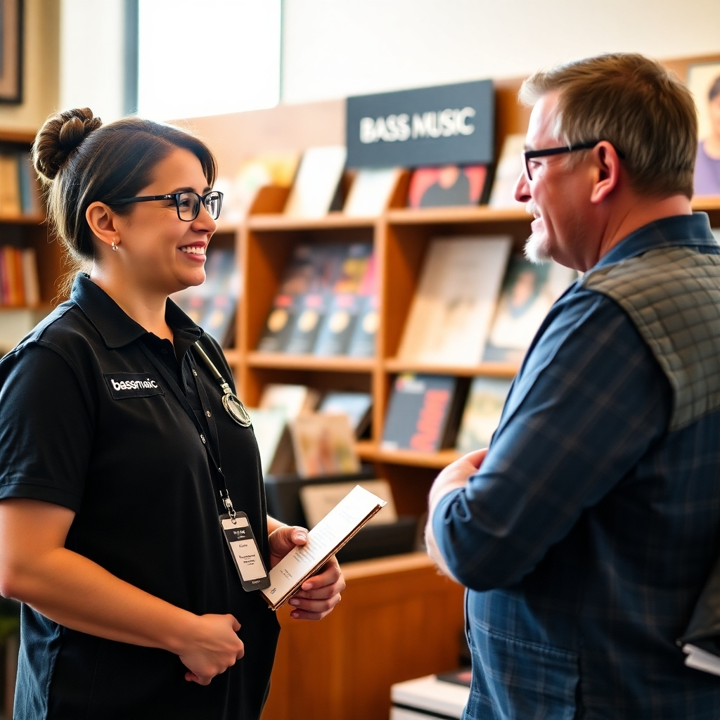 A warm and inviting image of a BASS Music staff member providing personalized recommendations to a customer in a relaxed setting. The lighting is soft and natural, creating a comfortable atmosphere. The camera angle is a medium shot, focusing on the interaction between the two individuals. Capture the feeling of trust and expertise.
