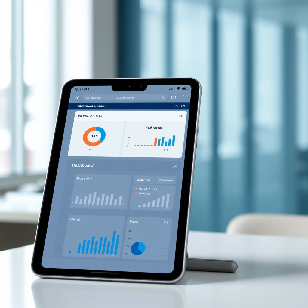 Hero device mockup showing intake dashboard
