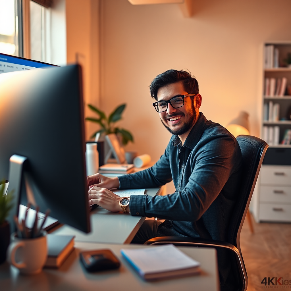 Construct a high-quality, photorealistic image that represents ShopVerse's core mission. The image should feature an enthusiastic entrepreneur sitting at a desk, researching and integrating affiliate links into an online store. Use warm lighting to create a motivating environment, with a color palette reflecting professionalism — blues and whites. Include details such as the entrepreneur's notes and a computer screen displaying ShopVerse's interface. Capture the scene from eye-level to emphasize engagement and focus. Aim for 4K resolution with high visual quality.