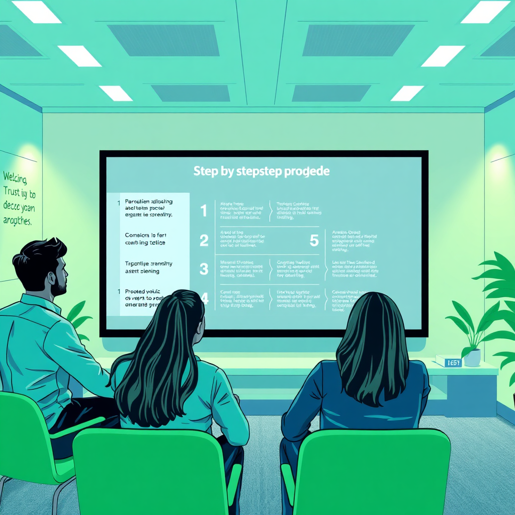 Create a detailed graphical representation of a step-by-step guide being reviewed by a small group of individuals, focused on a large screen showcasing the process. Use a welcoming atmosphere with motivating lighting and a color palette of greens and blues symbolizing trust and progress. Ensure the individuals appear engaged and enthusiastic in their learning environment, emphasizing collaboration and education.
