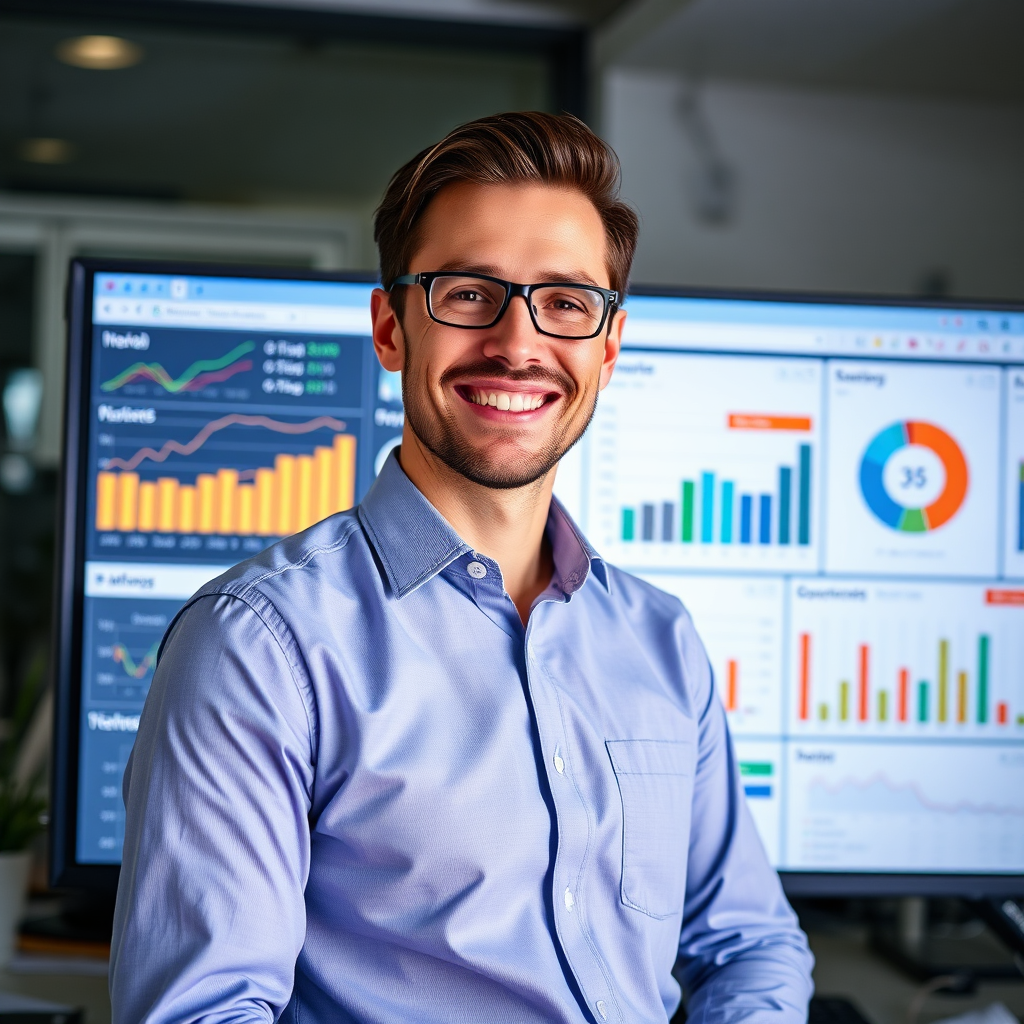 Create a visual of a digital dashboard filled with graphs, metrics, and analytics reports. Illuminate the screen with vibrant colors to emphasize key performance indicators. Display a happy professional reviewing the results, adding a personal touch. The background should suggest an organized workspace, promoting focus and clarity.