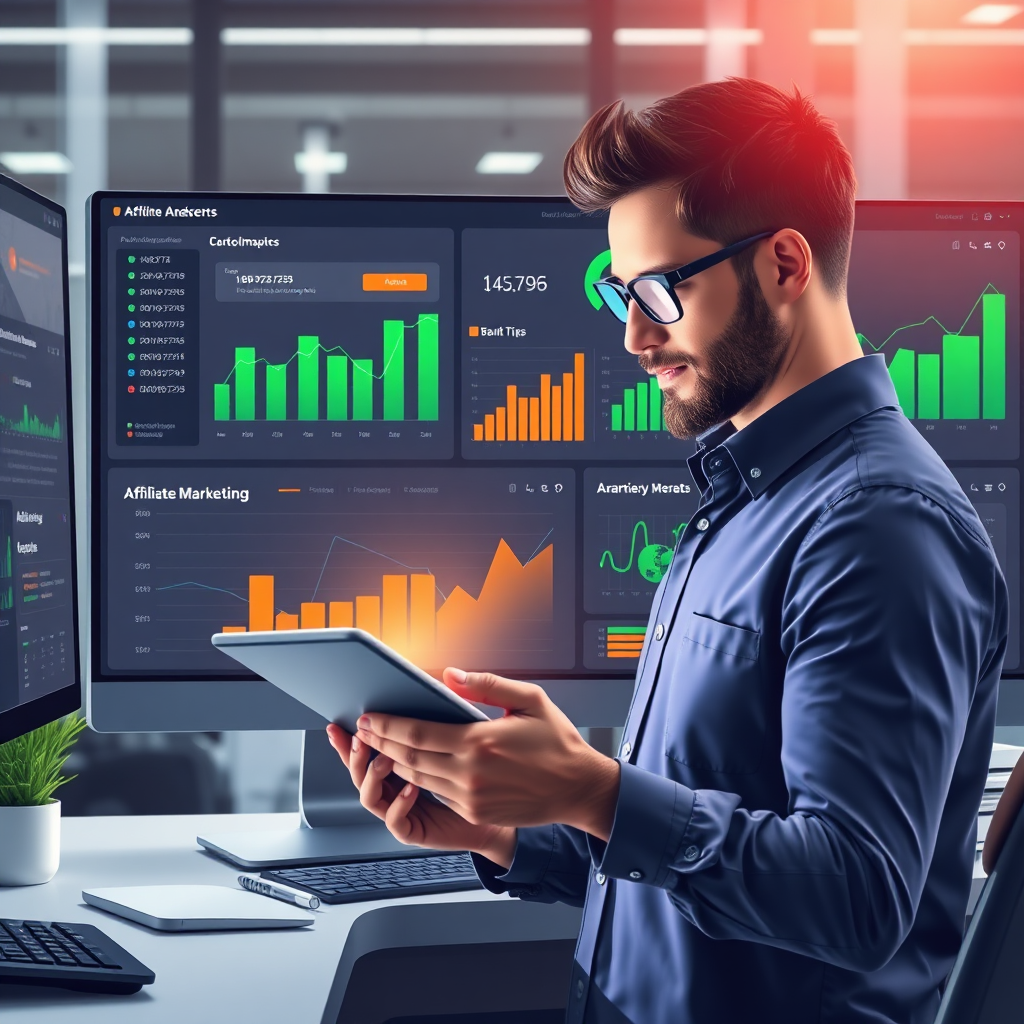 Create an engaging image illustrating a modern dashboard filled with analytics charts and performance metrics related to affiliate marketing. The image should feature sleek graphic design elements with vibrant colors, like greens and oranges, to convey growth and analysis. Include a tech-savvy individual reviewing the data on a tablet or computer. Use a digital workspace setting to create an immersive experience, ensuring the image feels up-to-date and inspirational.