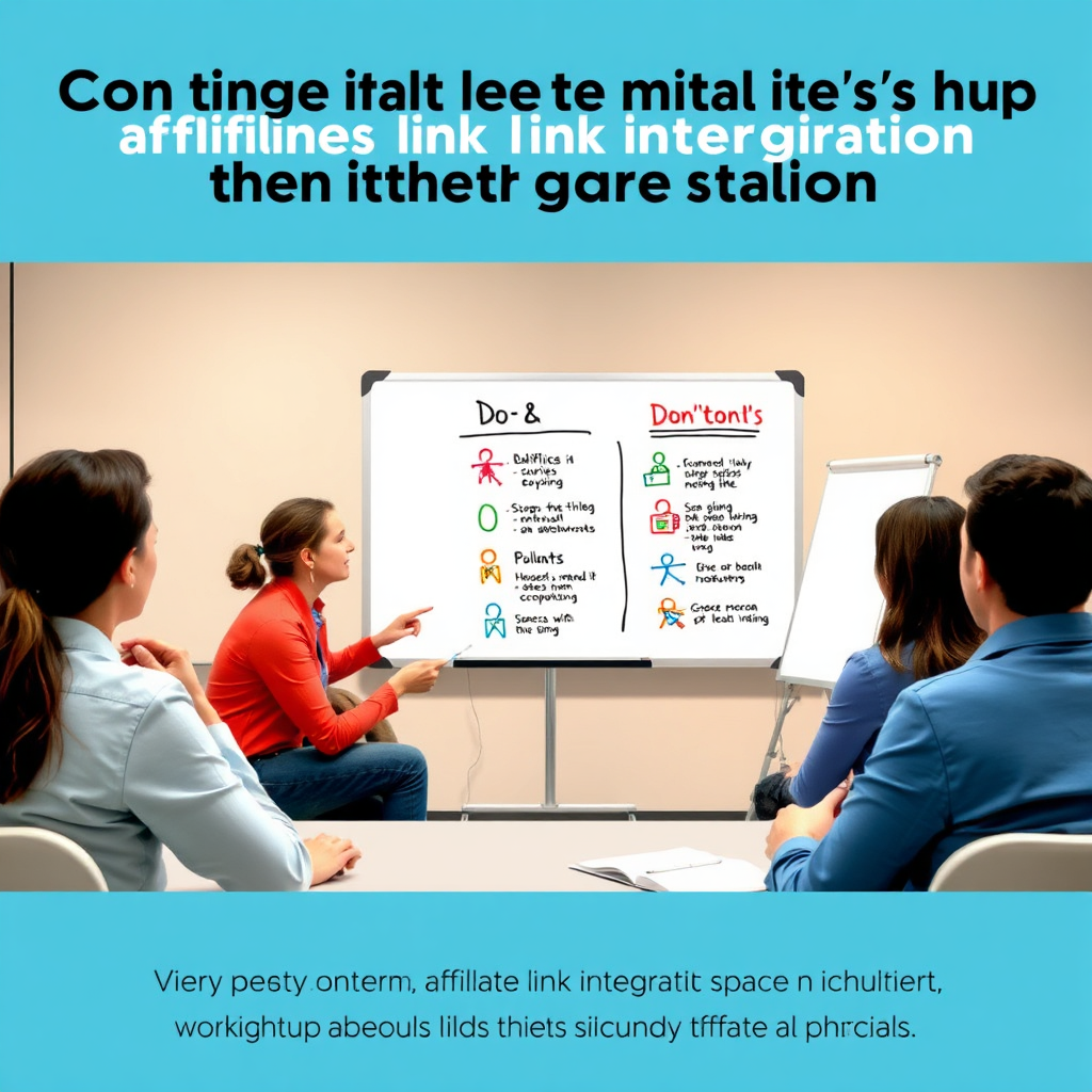 Depict a workshop setting where a mentor is explaining common pitfalls in affiliate link integration. Show visuals of 'Dos and Don'ts' on a whiteboard, with participants listening and taking notes. Use vibrant, attention-catching colors to highlight the message and create an interactive atmosphere. The focus should be on clarity, with plenty of space around the central figures to emphasize inclusion and communication.