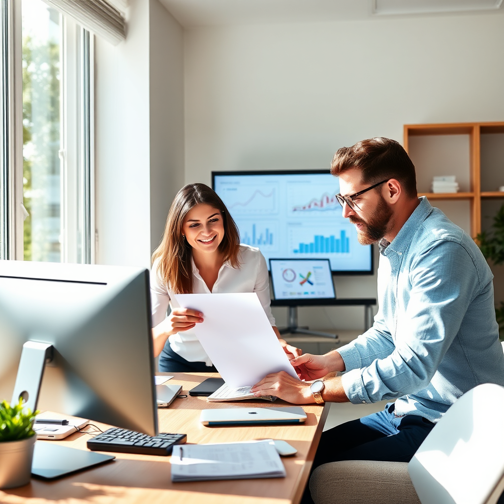 Depict an image showcasing a professional team working together around a computer, discussing and planning affiliate link strategies. Use natural lighting to create an inviting environment, and the color palette should reflect professionalism with blues and whites. Ensure the teamwork aspect is highlighted, with visual elements like charts and strategies visible on-screen.