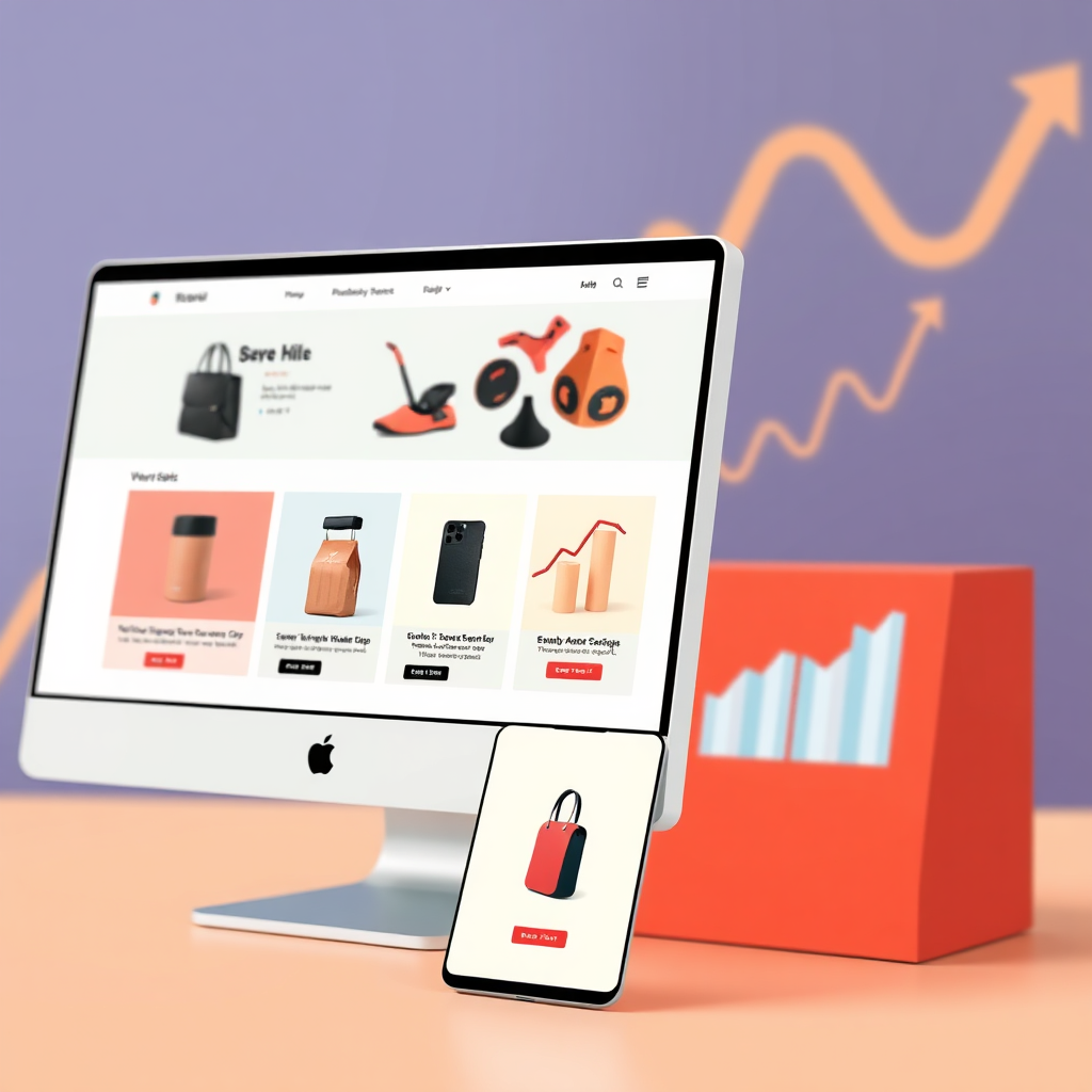 Illustrate an e-commerce website display that has been effectively optimized for user navigation and conversion. Ensure the layout is visually appealing, featuring attractive product images and clear calls-to-action. Use a bold color palette to draw attention, with graphs indicating increasing sales in the backdrop. Capture the visuals from a slightly angled perspective to enhance dynamism and engagement.