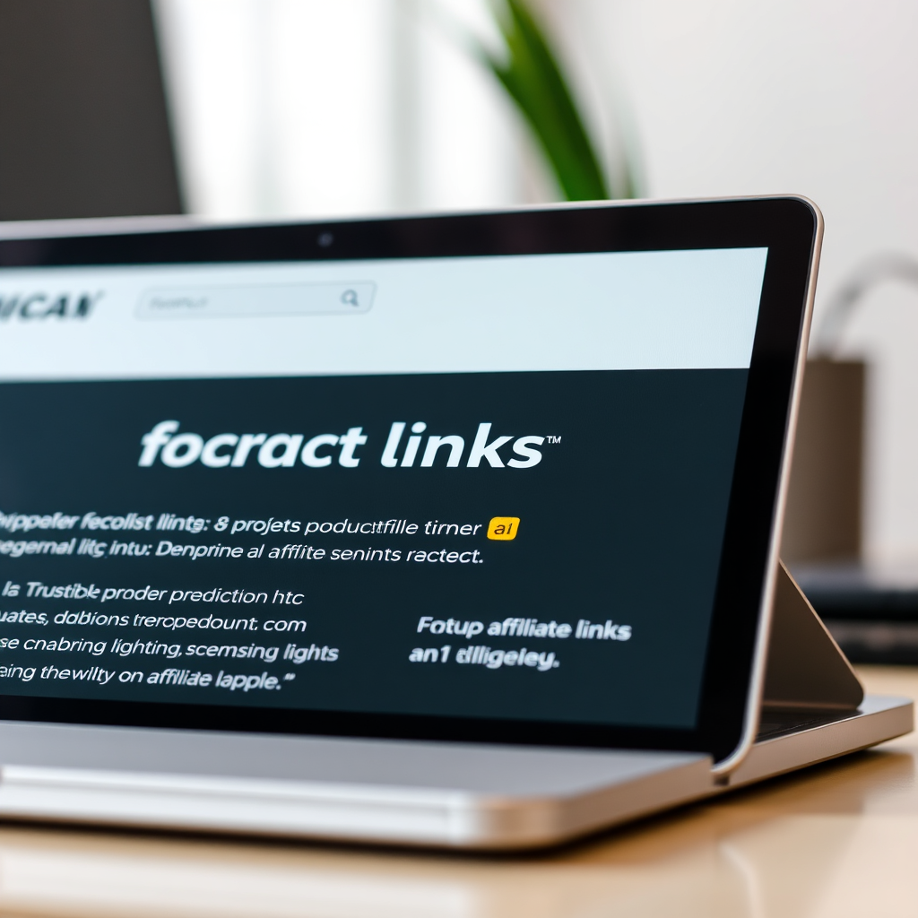 Imagery should capture a close-up of a polished website with highlighted product descriptions and affiliate links. The focus should be on clarity and usability, with a clean, minimalist design. Bright, engaging colors should draw the viewer in, while the links stand out clearly. The background may include a digital device showcasing the website on a desk, creating a professional ambiance. Ensure the image has a vibrant and modern feel, maintaining high-quality visual appeal.