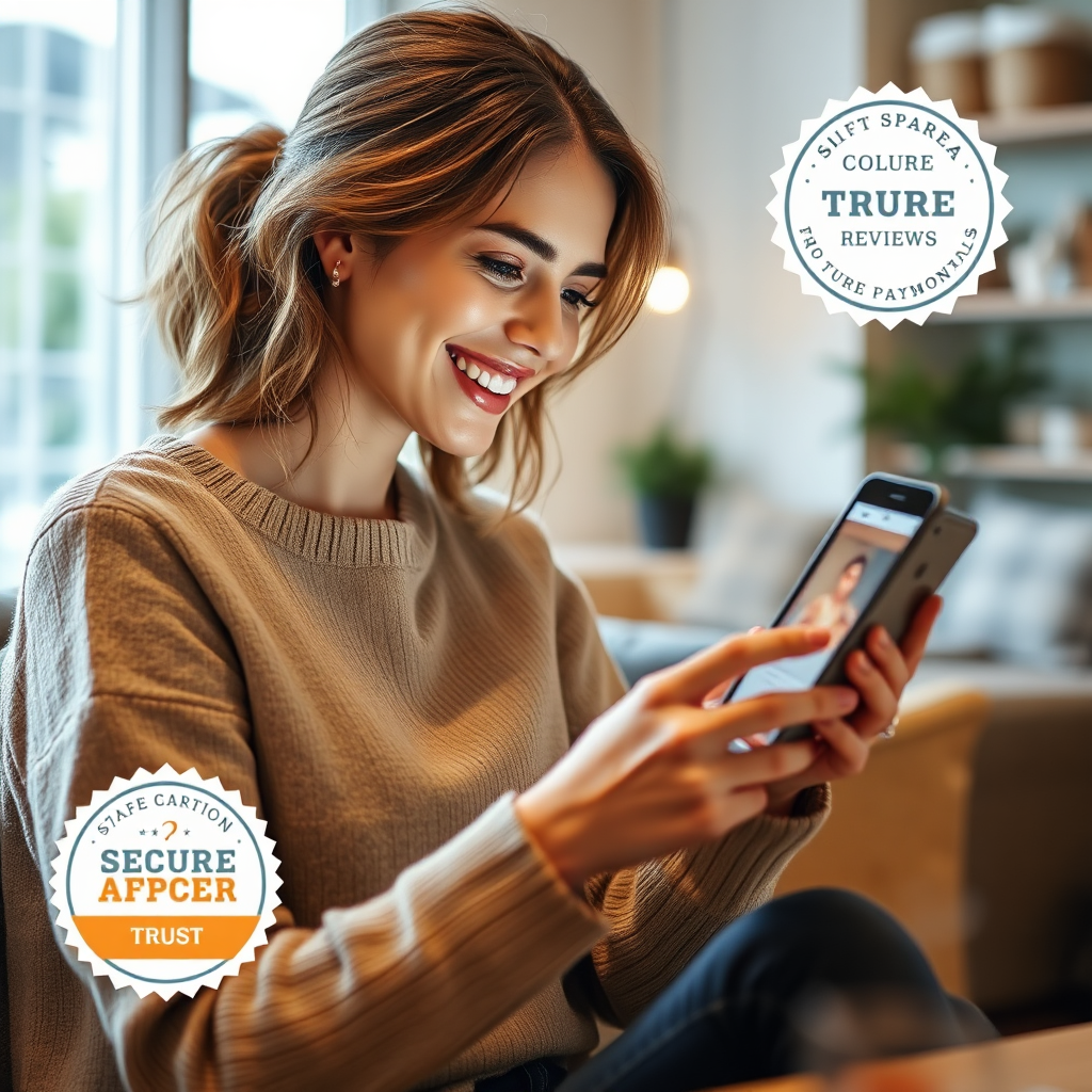 Portray a scene of a satisfied customer browsing an online store on a digital device, filled with trust symbols like secure payment badges nearby. Aim for a clear and bright atmosphere that conveys comfort and reliability, using a soft lighting approach. Highlight elements like product reviews and user testimonials displayed on the screen. A cozy home or cafe setting enhances the scene, emphasizing a positive online shopping experience.