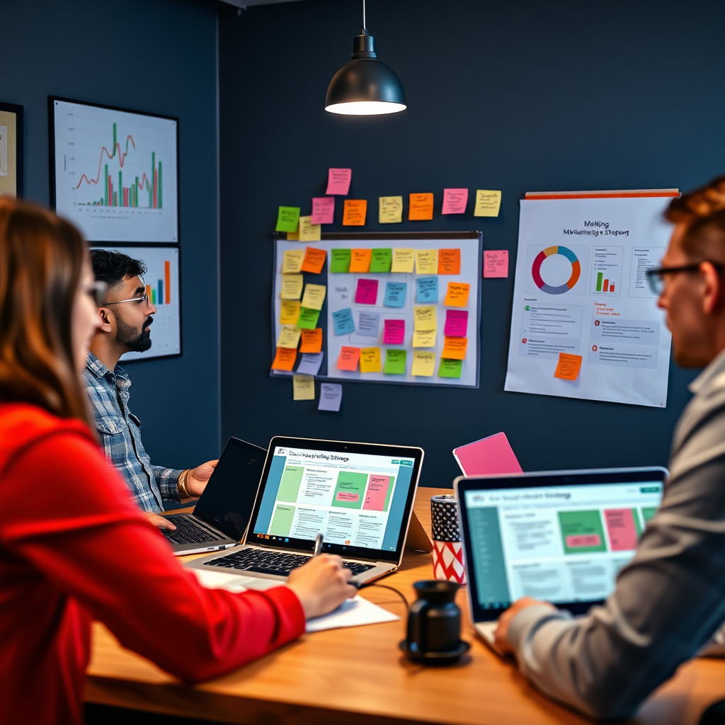 Show an engaging brainstorming session where team members are collaborating on marketing strategies. Use visual aids like charts, post-it notes, and laptops displaying marketing plans. Capture the electric atmosphere of creativity with a lively color palette and dynamic composition, ensuring the teamwork element stands out.