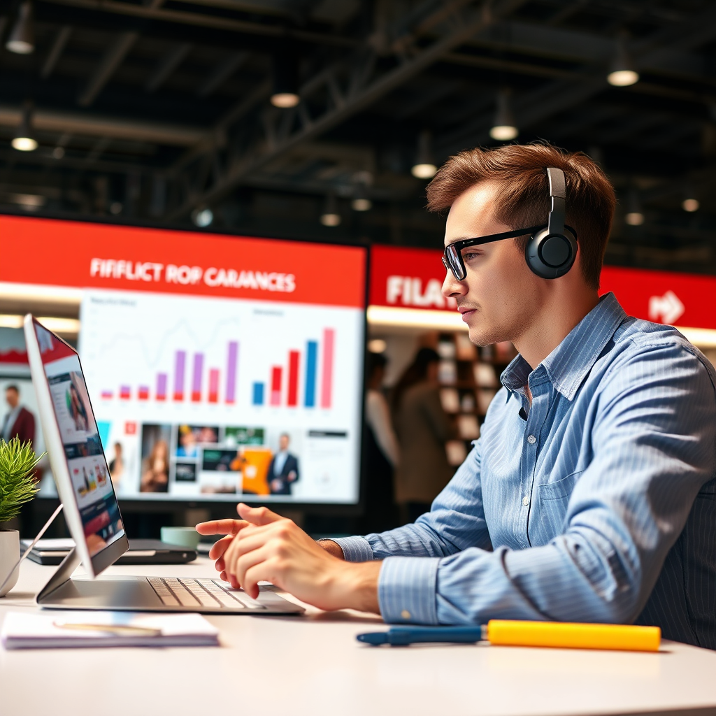 Showcase a dynamic image of a market research scenario where an entrepreneur is analyzing data to select profitable affiliate products. Incorporate visuals of graphs and trendy product images in the background. Use bright and energetic colors, with a customer-focused atmosphere that emphasizes product popularity. Capture the scene with a slight overhead angle to enhance the feeling of depth and engagement.