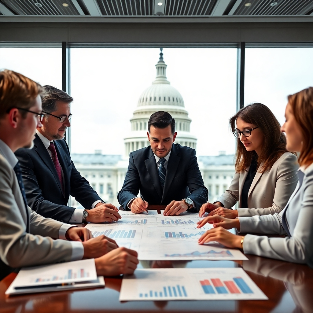 A photorealistic image of a team of financial experts around a table, reviewing financial charts and graphs. The background should include a subtle image of the US Capitol building. The style should convey a sense of professionalism and accuracy.  Attention to detail is paramount; the charts and graphs should be legible and the environment should feel authentic and professional.  The lighting should be soft and natural, to emphasize transparency and trustworthiness.  The colors should be calm and professional, conveying a sense of credibility.