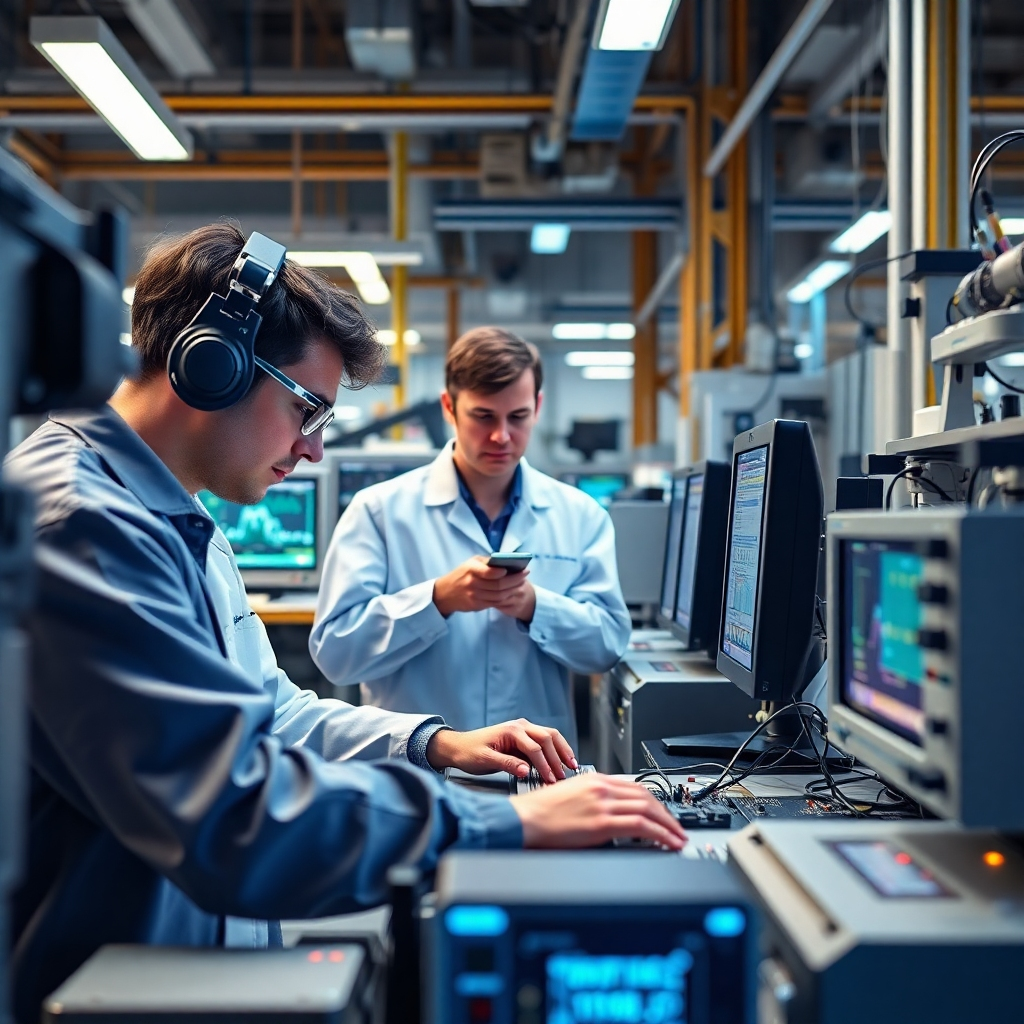 A photorealistic image of a team of engineers working in a high-tech laboratory environment.  They're surrounded by advanced equipment, with a focus on high-tech instruments and digital tools, like oscilloscopes and high-powered computers.  The image should have a very professional aesthetic, suggesting precision and expertise.  The lighting should be clean, bright, and functional.  The overall feel should emphasize precision, innovation and technology.  The color scheme should involve technology-associated colors, like cool blues and sleek grays.  There should be an emphasis on detail. High quality texturing on the devices is required.
