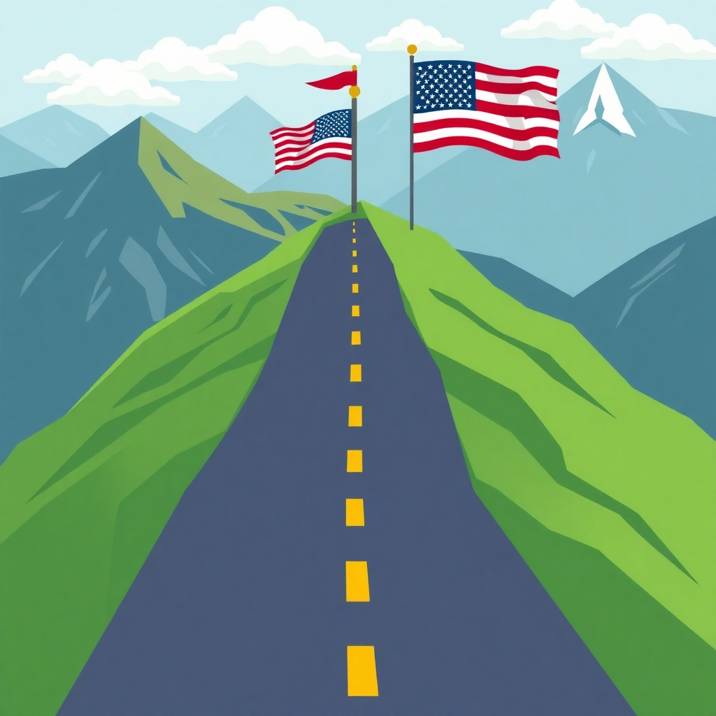 A stylized image showing a roadmap leading to a flag planted on a mountaintop. The flag bears the American flag. The style should be vibrant and motivational. The roadmap should be clearly visible, illustrating the various steps of a project with milestones. High-quality textures and a crisp, clean design are crucial. The overall feel should be confident and reassuring, symbolizing the successful journey towards achieving milestones and project goals. The color scheme should be composed of patriotic colors and shades of green representing growth and success.