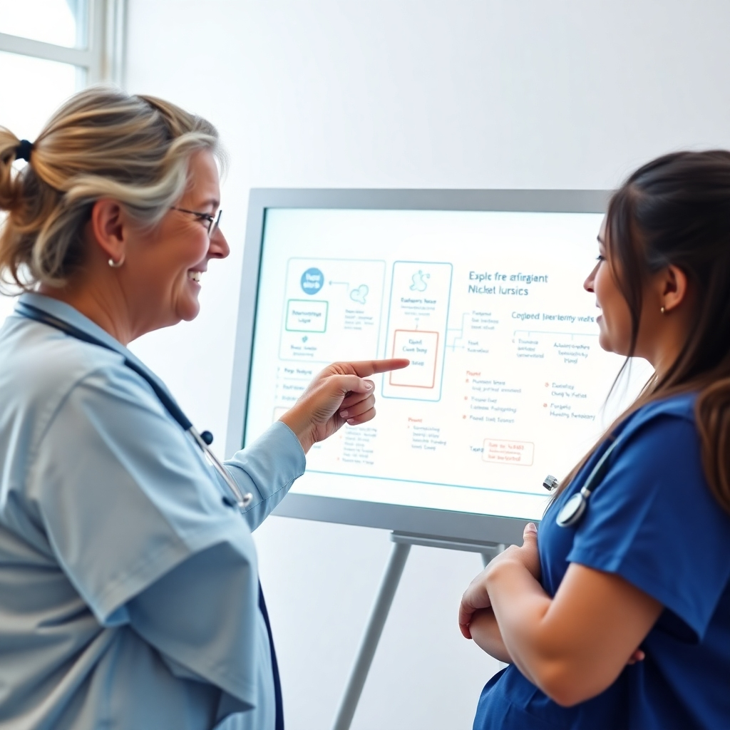 Create a high-quality (4K resolution) image for the 'About Us' section of Nurse Coaching Academy. Depict a supportive mentor (a seasoned nurse) guiding a student nurse through complex NCLEX concepts. The scene should take place in a bright, modern online learning environment. The mentor should be pointing to a detailed diagram on a digital whiteboard, illustrating a key nursing principle. Use a warm, inviting color palette with blues and greens to convey trust and knowledge. The composition should be tight, focusing on the interaction and the shared learning experience. The lighting should be soft and diffused, highlighting the mentor's caring expression and the student's attentive face. Stylistically, the image should lean towards a clean and professional aesthetic, with subtle elements representing the nursing profession, such as a stethoscope draped casually over the mentor's shoulder. Aim for a feel-good image evoking confidence and care.