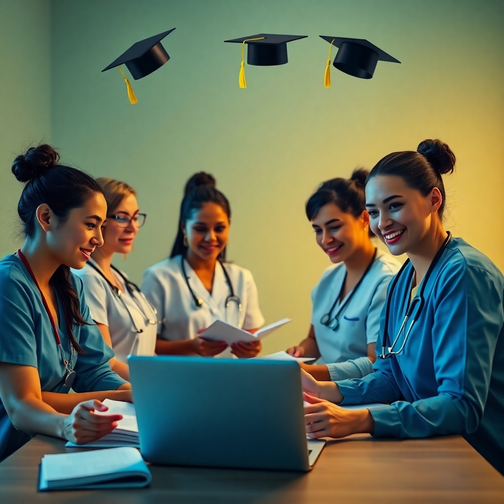 Create a photorealistic, ultra-high-resolution (8K) header image for 'Nurse Coaching Academy'. The scene should depict a diverse group of aspiring nurses gathered around a table, intensely focused on studying. One nurse is confidently explaining a concept to the others, showcasing leadership and collaborative learning. Soft, warm lighting should illuminate their faces, conveying a sense of encouragement and support. In the background, subtly display medical textbooks, stethoscopes, and a glowing computer screen displaying NCLEX practice questions. The color palette should be predominantly calming blues and greens, with pops of vibrant yellow to signify energy and optimism. The camera angle should be slightly elevated, capturing the entire group in a dynamic and engaging composition. Pay close attention to texture details, such as the paper of the textbooks and the fabric of their clothing. The style should be hyperrealistic, aiming for a sense of authenticity and relatability, similar to a professional stock photo. Include the subtle imagery of graduation caps floating above their heads, symbolizing their future success. The overall mood should be motivational and empowering.