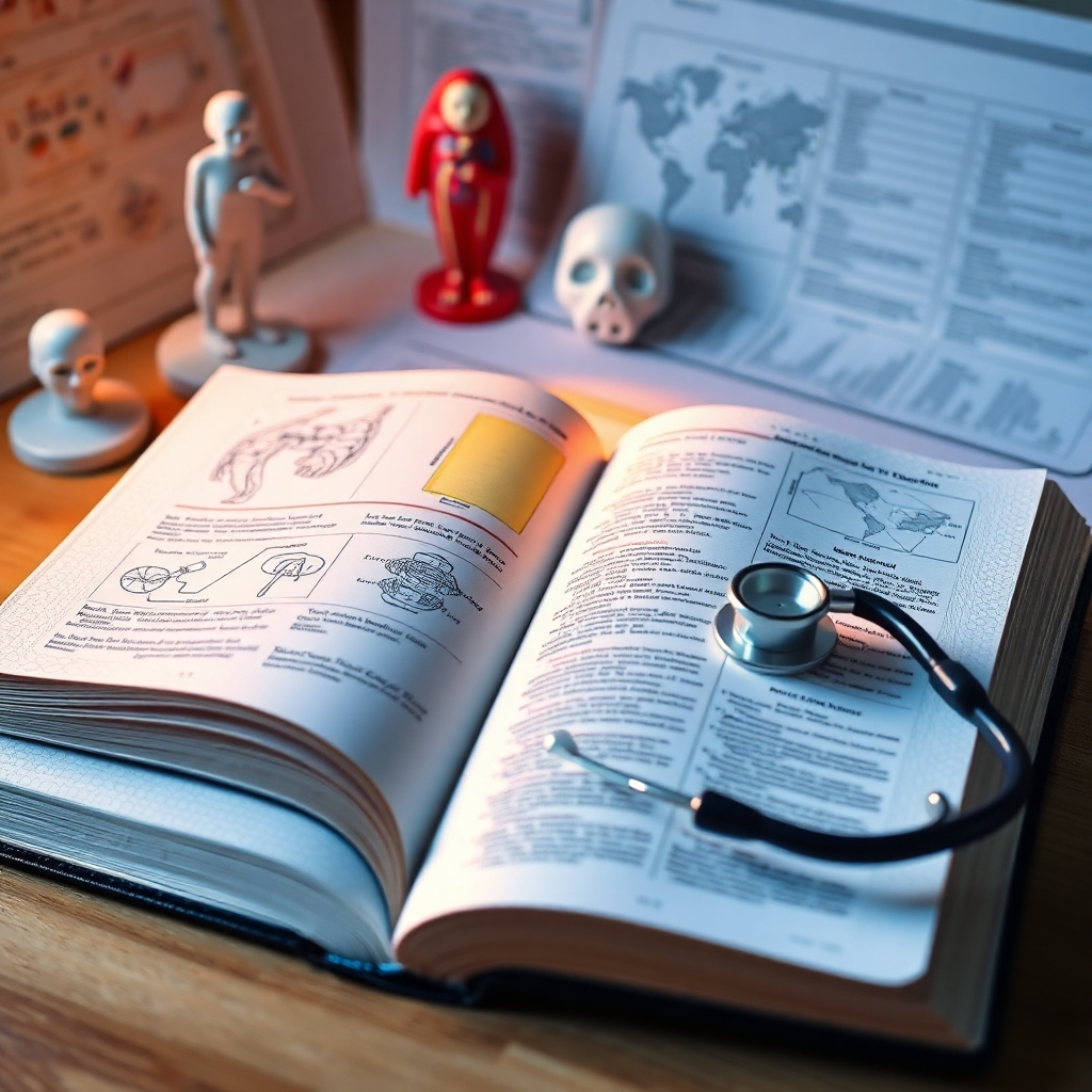 Create a visually compelling image representing comprehensive NCLEX content review. Picture an open textbook with relevant diagrams and notes. Highlight key concepts with a soft, glowing effect. Incorporate elements like anatomical models, medical charts, and a stethoscope subtly placed on the book. The lighting should be warm and inviting, encouraging engagement with the material. The image should evoke a sense of thoroughness and clarity, emphasizing the breadth and depth of the NCLEX curriculum. Use a photorealistic style with a touch of artistic flair.