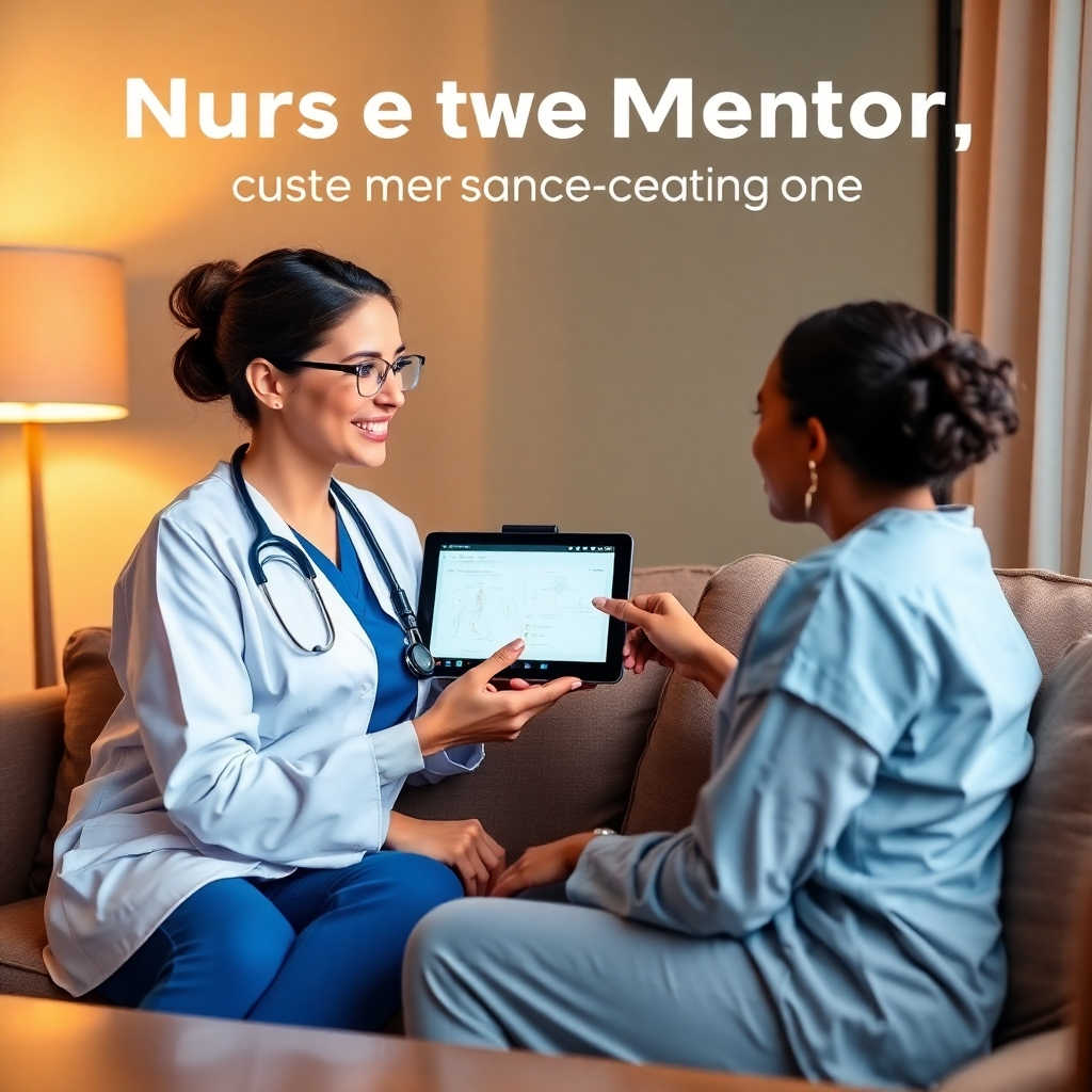 Create an image of a nurse mentor providing one-on-one guidance to a student. The setting is a comfortable online learning environment, possibly a virtual meeting platform. The mentor and student are engaged in a video call, with the mentor pointing to a digital diagram. The image should convey trust, support, and a personalized learning experience. Use warm lighting and a friendly color palette to emphasize the positive relationship between mentor and student. The style should be realistic but with a touch of stylistic enhancement to highlight the connection between them.