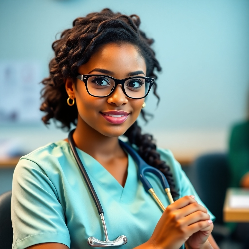 Create an image of a student confidently taking the NCLEX. Focus on the determination and focus of the student. Use colors such as blue, gold, and green to add sophistication. Set the image in a clean testing environment.