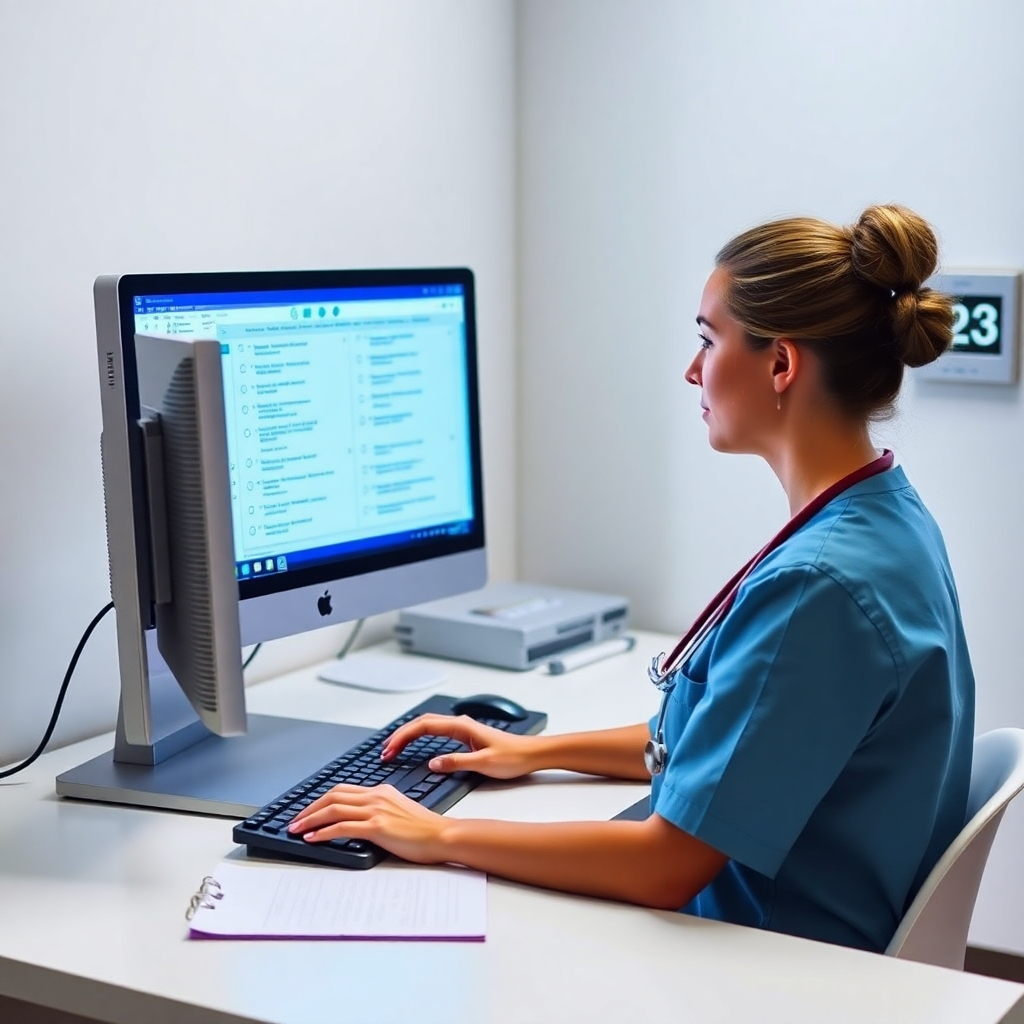 Depict a nurse taking a realistic NCLEX practice exam on a computer. The environment should mimic a testing center, with a clean desk, a computer screen displaying exam questions, and a timer visible in the corner. The lighting should be focused and direct, highlighting the nurse's concentration. The image should convey a sense of pressure and realism, preparing students for the actual testing environment. Emphasize the importance of time management and critical thinking skills. Employ a photorealistic style with attention to detail, capturing the nuances of the testing experience.