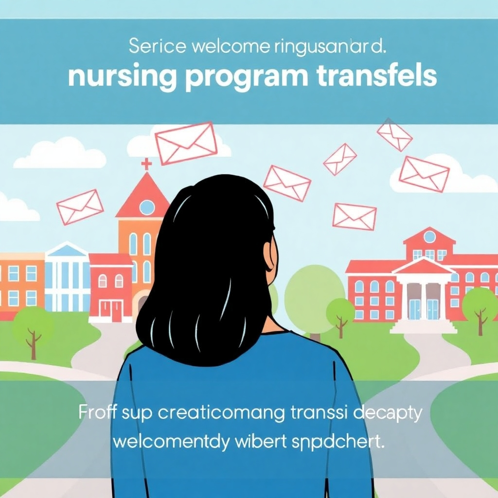 Depict a student receiving guidance on nursing program transfers. The image can be a digital scene showing various school buildings and acceptance letters floating. The background should depict a clear and easy pathway. Emphasize the supportive guidance provided to assist with program transfers. Use a welcoming and friendly color palette. Style should be modern and digital.